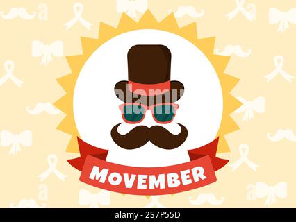 Movember Time illustration vectorielle avec moustache et ruban pour Men&rsquo ; s mois de sensibilisation à la santé dans Flat Cartoon modèles de fond dessinés à la main Illustration de Vecteur