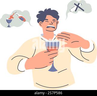 Homme avec de mauvaises habitudes destructrices, caractère masculin isolé refusant de boire des boissons alcoolisées. Combattez avec vos propres problèmes et problèmes de santé. Addiction et faiblesse. Vecteur dans l'illustration de style plat. Personnage masculin refusant de boire de l'alcool, vecteur Illustration de Vecteur