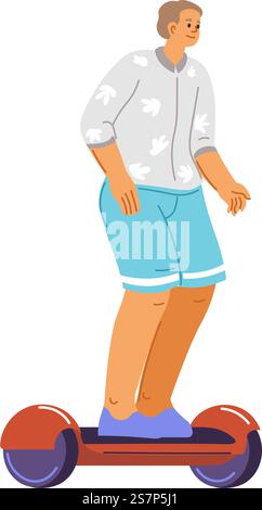 Personnage masculin sur hoverboard, personnage d'homme isolé chevauchant des transports écologiques, sauvant la nature et la conscience environnementale. Conservation naturelle et alternative à la voiture. Vecteur en plat . Transport écologique pour les trajets quotidiens, mâle sur hoverboard Illustration de Vecteur