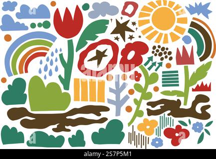 Peinture enfant avec des fleurs en fleurs, des feuilles et du feuillage. Tulipe et soleil, arc-en-ciel et temps pluvieux, buissons et fleurs sauvages ornement. Technique naïve enfantine. Vecteur dans le style plat. Peinture enfantine de fleurs et de feuilles vecteur Illustration de Vecteur