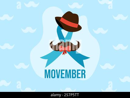 Movember Time illustration vectorielle avec moustache et ruban pour Men&rsquo ; s mois de sensibilisation à la santé dans Flat Cartoon modèles de fond dessinés à la main Illustration de Vecteur
