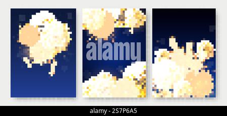 Trois affiches avec des feux d'artifice éclatant dans différentes formes. Explosion de feu d'artifice dans la nuit. Fusées de pétards éclatant dans de grandes boules d'étoiles étincelantes. Trois affiches avec des feux d'artifice éclatant dans différentes formes. Explosion de feu d'artifice dans la nuit. Fusées de pétards éclatant dans des boules d'étoiles étincelantes Illustration de Vecteur