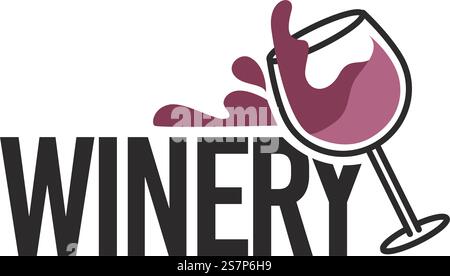 Vin savoureux et cave, production biologique de boissons alcoolisées. Délicieux alcool de la ferme, nouvelle saison et goût. Logotype avec verre et éclaboussures, boutique ou logo de magasin. Vecteur dans le style plat. Cave avec vecteur de boissons naturelles et biologiques Illustration de Vecteur