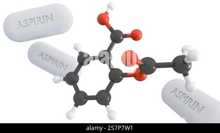 troisième rendu des aspirines et molécule flottante d'acide acétylsalicylique Banque D'Images