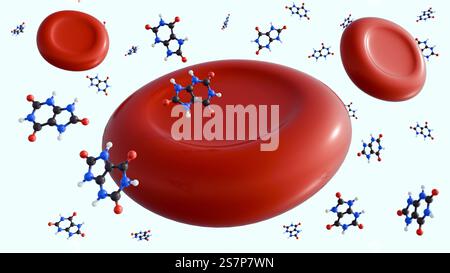 Rendu 3D des molécules d'acide urique et des globules rouges. L'hyperuricémie survient lorsqu'il y a trop d'acide urique dans le sang. Banque D'Images