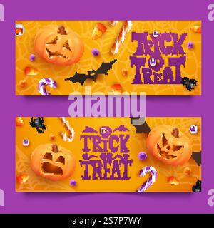 Deux bannières horizontales d'Halloween avec des bonbons, des araignées, des chauves-souris et des citrouilles sur fond orange. Trick or Treat. Modèle de bannière d'Halloween avec des citrouilles Jack O Lantern réalistes. Deux bannières horizontales d'Halloween avec des bonbons, des araignées, des chauves-souris et des citrouilles sur fond orange. Modèle de bannière d'Halloween avec des citrouilles Jack O Lantern réalistes Illustration de Vecteur
