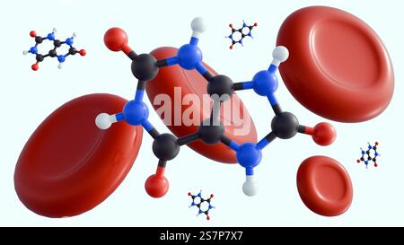 Rendu 3D des molécules d'acide urique et des globules rouges. L'hyperuricémie survient lorsqu'il y a trop d'acide urique dans le sang. Banque D'Images