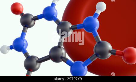 Rendu 3D des molécules d'acide urique et des globules rouges. L'hyperuricémie survient lorsqu'il y a trop d'acide urique dans le sang. Banque D'Images