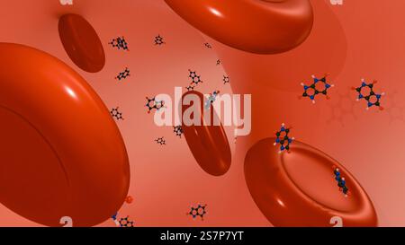 Rendu 3D des molécules d'acide urique et des globules rouges à l'intérieur du vaisseau sanguin. L'hyperuricémie survient lorsqu'il y a trop d'acide urique dans le sang. Banque D'Images