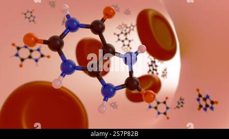 Rendu 3D des molécules d'acide urique et des globules rouges à l'intérieur du vaisseau sanguin. L'hyperuricémie survient lorsqu'il y a trop d'acide urique dans le sang. Banque D'Images