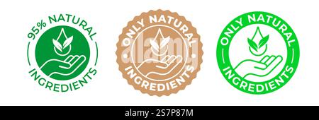 Icône de produit d'ingrédients naturels, logo bio vecteur vert organique avec la main, la feuille et la goutte. Ingrédients 95% naturels, label écologique pur pour l'emballage des produits, sans OGM et sans certificat paraben Illustration de Vecteur
