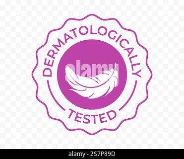 Icône testée dermatologiquement, étiquette de plume hypoallergénique, logo vectoriel pour les soins de la peau médicaux et cosmétiques cliniquement approuvés, savon liquide et crème hydratante Illustration de Vecteur