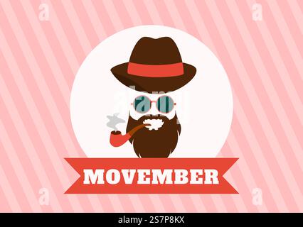 Movember Time illustration vectorielle avec moustache et ruban pour Men&rsquo ; s mois de sensibilisation à la santé dans Flat Cartoon modèles de fond dessinés à la main Illustration de Vecteur