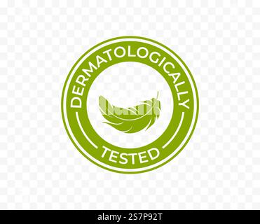 Icône testée dermatologiquement ou logo d'étiquette avec plume, étiquettes vectorielles définies pour hydratant et cosmétiques pour la peau. Tampon certifié hypoallergénique et dermatologique approuvé cliniquement. Logo icône testé dermatologiquement avec plume, vecteur. Hydratant pour la peau et cosmétiques étiquette de produit hypoallergénique, tampon certifié de test dermatologique Illustration de Vecteur