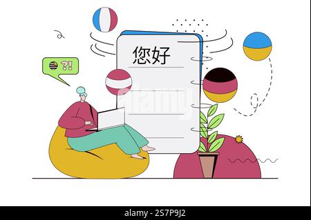 Concept de cours de langue avec situation de caractère dans la conception plate. Femme étudiant différentes langues étrangères, apprenant en ligne sur la plate-forme éducative. Illustration vectorielle avec scène de personnes pour le web Illustration de Vecteur
