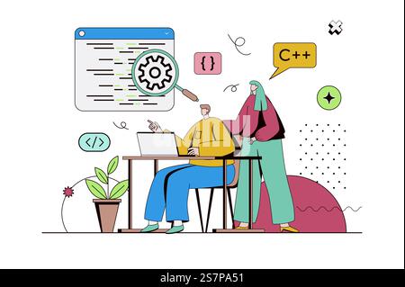 Concept de logiciel de programmation avec situation de caractère dans la conception plate. Les développeurs homme et femme travaillent en équipe, écrivent et testent le code, optimisent les programmes. Illustration vectorielle avec scène de personnes pour le web Illustration de Vecteur