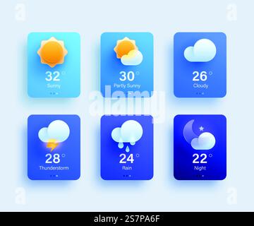 Icône de l'interface utilisateur du site Web ou de l'application mobile définie pour les prévisions météorologiques. 3d conception moderne de morphisme en verre.. icône de prévision météo 3d définie Illustration de Vecteur