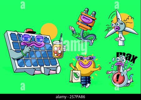 Concept d'énergie Greene avec jeu de personnages de dessins animés mignons 3D. Avatars drôles de panneau solaire, prise pour prise, éolienne, ampoule écologique, thermomètre chaud. Illustration vectorielle avec conception de mascottes comiques. Concept d'énergie Greene avec jeu de personnages de dessins animés mignons 3D. Illustration de Vecteur