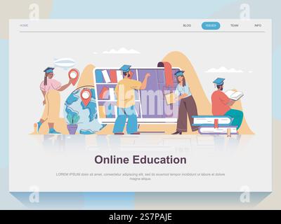 Concept Web d'éducation en ligne pour la page de destination dans la conception plate. Homme et femme lisant des livres, regardant des webinaires et des leçons vidéo, obtention du diplôme. Illustration vectorielle avec scène de personnes pour la page d'accueil du site Web Illustration de Vecteur