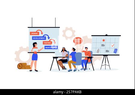 Concept de gestion de projet avec scène de personnage pour le web. Femmes et hommes développant et planifiant les tâches et la liste de contrôle des étapes. Situation des personnes dans la conception plate. Illustration vectorielle pour le matériel marketing. Illustration de Vecteur
