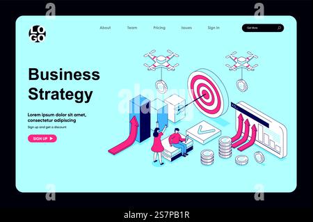 Concept de stratégie commerciale dans la conception isométrique 3d pour le modèle de page de destination. Les gens planifient les tâches de travail, ciblent, atteignent les objectifs, développent l'entreprise et trouvent des solutions. Illustration vectorielle pour le web Illustration de Vecteur