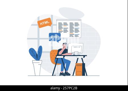 Concept web de programmation avec scène de personnage. Homme travaillant avec les langages PHP et html et faisant des programmes. Situation des personnes dans la conception plate. Illustration vectorielle pour le matériel de marketing des médias sociaux. Illustration de Vecteur