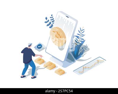 Concept de crypto-monnaie 3d scène Web isométrique. Les gens minent de la crypto-monnaie, achètent ou vendent des bitcoins et d'autres monnaies numériques sur les marchés. Illustration vectorielle dans la conception graphique isométrique Illustration de Vecteur