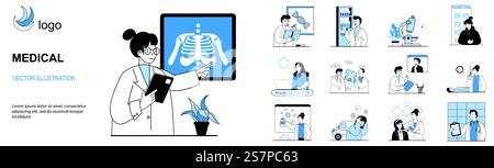 Concept médical avec collection de situations de personnages. Ensemble de scènes de personnes travaillant comme médecins et infirmières, faisant des tests de laboratoire, consultant des patients à l'hôpital. Illustrations vectorielles dans la conception de toile plate Illustration de Vecteur