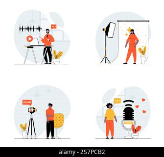 Concept de streaming de podcast avec jeu de caractères. Collection de scènes les gens enregistrant l'audio, parlant et faisant des podcasts montrer avec des micros en studio, diffusé en direct. Illustrations vectorielles dans la conception de toile plate Illustration de Vecteur