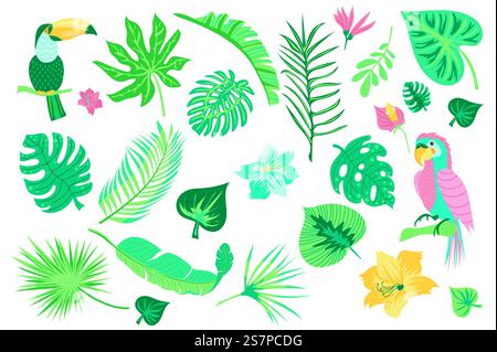 Hello Summer set éléments graphiques dans un design plat. Paquet de toucan, perroquet, feuilles tropicales et fleurs exotiques, plantes vertes de la faune et feuillage frais de la jungle. Illustration vectorielle d'objets isolés Illustration de Vecteur