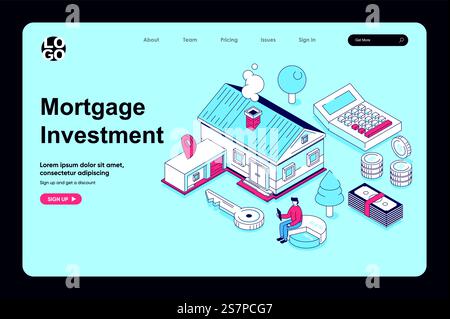 Concept d'investissement hypothécaire dans la conception isométrique 3d pour le modèle de page de destination. Les gens achètent de nouvelles maisons, logement appartement, investir de l'argent dans l'immobilier, posséder des biens. Illustration vectorielle pour le web Illustration de Vecteur