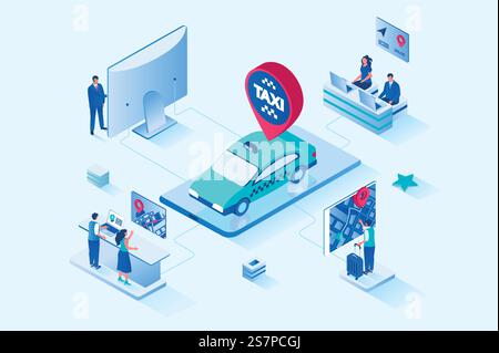 Service de taxi 3d conception de Web isométrique. Les gens appelant taxi, réservation de voiture pour se déplacer dans la ville ou le transfert, faire route et suivre l'emplacement en ligne dans l'application mobile. Illustration vectorielle Web. Service de taxi 3d conception de Web isométrique. Illustration vectorielle Web Illustration de Vecteur