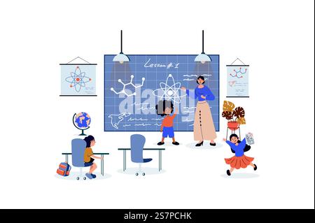 Concept d'apprentissage scolaire avec scène de personnage pour le web. Enseignant par tableau noir expliquant la leçon aux élèves en classe. Situation des personnes dans la conception plate. Illustration vectorielle pour le matériel marketing. Illustration de Vecteur