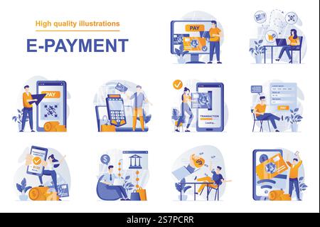 Concept Web de paiement électronique avec des scènes de personnes définies dans un style plat. Bundle de paiement mobile sécurisé avec carte de crédit, paiement reçu numérique dans les services bancaires en ligne. Illustration vectorielle avec conception de caractères Illustration de Vecteur
