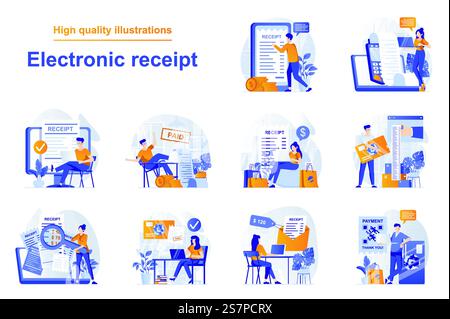 Concept Web de réception électronique avec scènes de personnes dans un style plat. Paquet de paiement en ligne avec facture numérique, transactions financières via application mobile. Illustration vectorielle avec conception de caractères Illustration de Vecteur