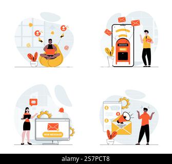 Concept de marketing par e-mail avec jeu de caractères. Collection de scènes les gens envoyant des courriels avec des campagnes publicitaires, faisant des mailings promotionnels et des bulletins d'information promotionnels. Illustrations vectorielles dans la conception de toile plate Illustration de Vecteur