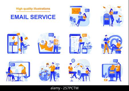 Concept Web de service de messagerie avec des scènes de personnes dans un style plat. Ensemble de programmes de communication en ligne, envoi et réception de messages, newsletter promotionnelle. Illustration vectorielle avec conception de caractères Illustration de Vecteur