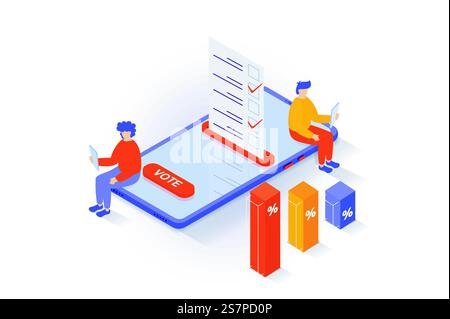 Election et concept de vote dans la conception isométrique 3D. Les gens votent aux élections, calculent les votes et font des graphiques avec les sondages de sortie et les résultats. Illustration vectorielle avec scène isométrique pour graphique web Illustration de Vecteur