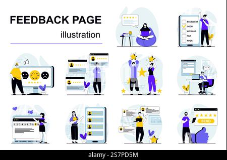 Concept de page de rétroaction avec des situations de personnage Mega Set. Lot de scènes de personnes laissant des commentaires avec l'expérience client revue, note et évaluer en ligne. Illustrations vectorielles dans la conception de toile plate Illustration de Vecteur