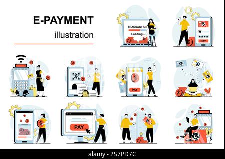 Concept de paiement électronique avec situations de caractère Mega Set. Lot de scènes de personnes payant en ligne pour des achats de reçu numérique, en utilisant un service de paiement mobile sécurisé. Illustrations vectorielles dans la conception de toile plate Illustration de Vecteur