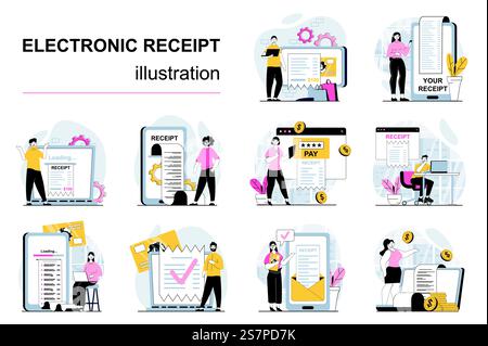Concept de reçu électronique avec situations de personnage Mega Set. Lot de scènes les gens recevant des formulaires numériques de factures, chèque et facture et payer en ligne. Illustrations vectorielles dans la conception de toile plate Illustration de Vecteur