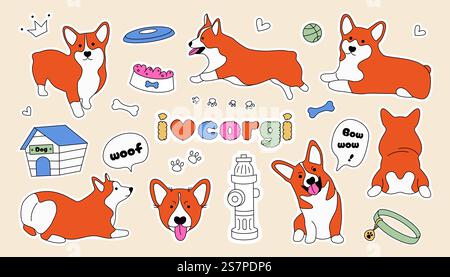 Autocollants Corgi. Personnages de chien de dessin animé mignons avec os, empreinte et balle, icônes comiques drôles de chiot pour l'impression, mascotte de chien petit animal de compagnie heureux. Vecteur Illustration de Vecteur