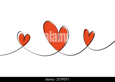 Une ligne continue trois dessins de coeur. Symbole d'amour romantique abstrait pour la carte de voeux de Saint-Valentin, dessin linéaire de coeurs rouges à ligne fine Illustration de Vecteur