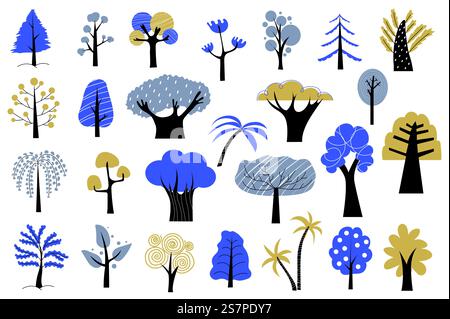 Arbre abstrait Mega Set dans un design plat graphique. Regroupez des éléments d'arbres de style minimal avec du feuillage bleu et d'autres couleurs, des plantes forestières avec des formes différentes. Autocollants isolés d'illustration vectorielle Illustration de Vecteur