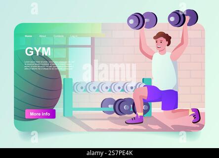 Entraînement au concept de gym dans la conception de dessin animé pour la page d'atterrissage. Homme faisant des exercices avec des haltères dans un club sportif, haltérophilie et musculation. Illustration vectorielle avec des personnes pour la page d'accueil Web Illustration de Vecteur