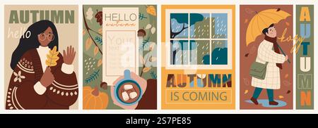 Hello Autumn Cover brochure ensemble design plat tendance. Modèles d'affiche avec femme en pull tient des feuilles de forêt d'automne, cacao chaud, vue des fenêtres de pluie, homme avec des loups parapluie. Illustration vectorielle. Illustration de Vecteur
