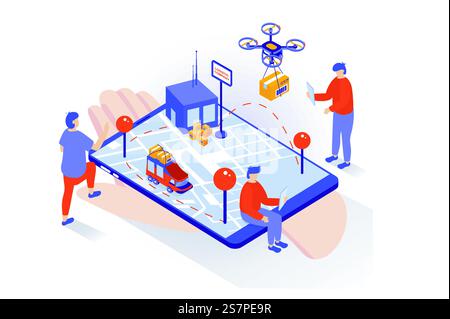 Concept de transport et de logistique dans la conception isométrique 3D. Les gens travaillent à la compagnie de livraison, chargement de colis à l'entrepôt, expédition par drones. Illustration vectorielle avec scène isométrique pour graphique web Illustration de Vecteur