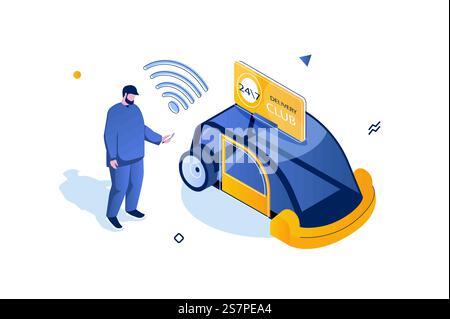 Concept de logistique de transport dans la conception isométrique 3D. Homme commandant le service de voiture ou de taxi en utilisant l'application mobile et la carte de club de livraison. Illustration vectorielle avec scène de personnes isométriques pour graphique web Illustration de Vecteur