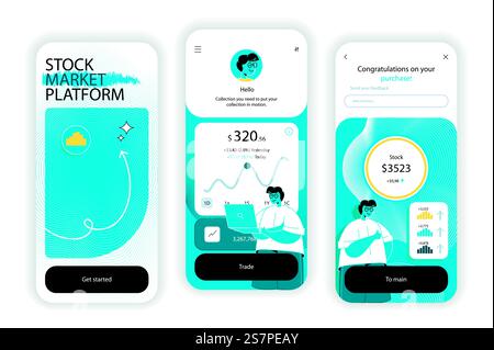 Écrans d'intégration du concept boursier. Analyse des données financières et négociation en bourse dans APP. UI, UX, kit d'interface utilisateur GUI avec scène de personnes plate. Illustration vectorielle pour la conception Web Illustration de Vecteur