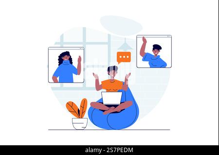 Concept web de visioconférence avec scène de personnage. Des collègues femmes parlant et travaillant à distance sur des écrans. Situation des personnes dans la conception plate. Illustration vectorielle pour le matériel de marketing des médias sociaux. Illustration de Vecteur